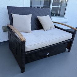 Outdoor Wicker Loveseat Patio Chair w/ Storage – Needs Small Repair