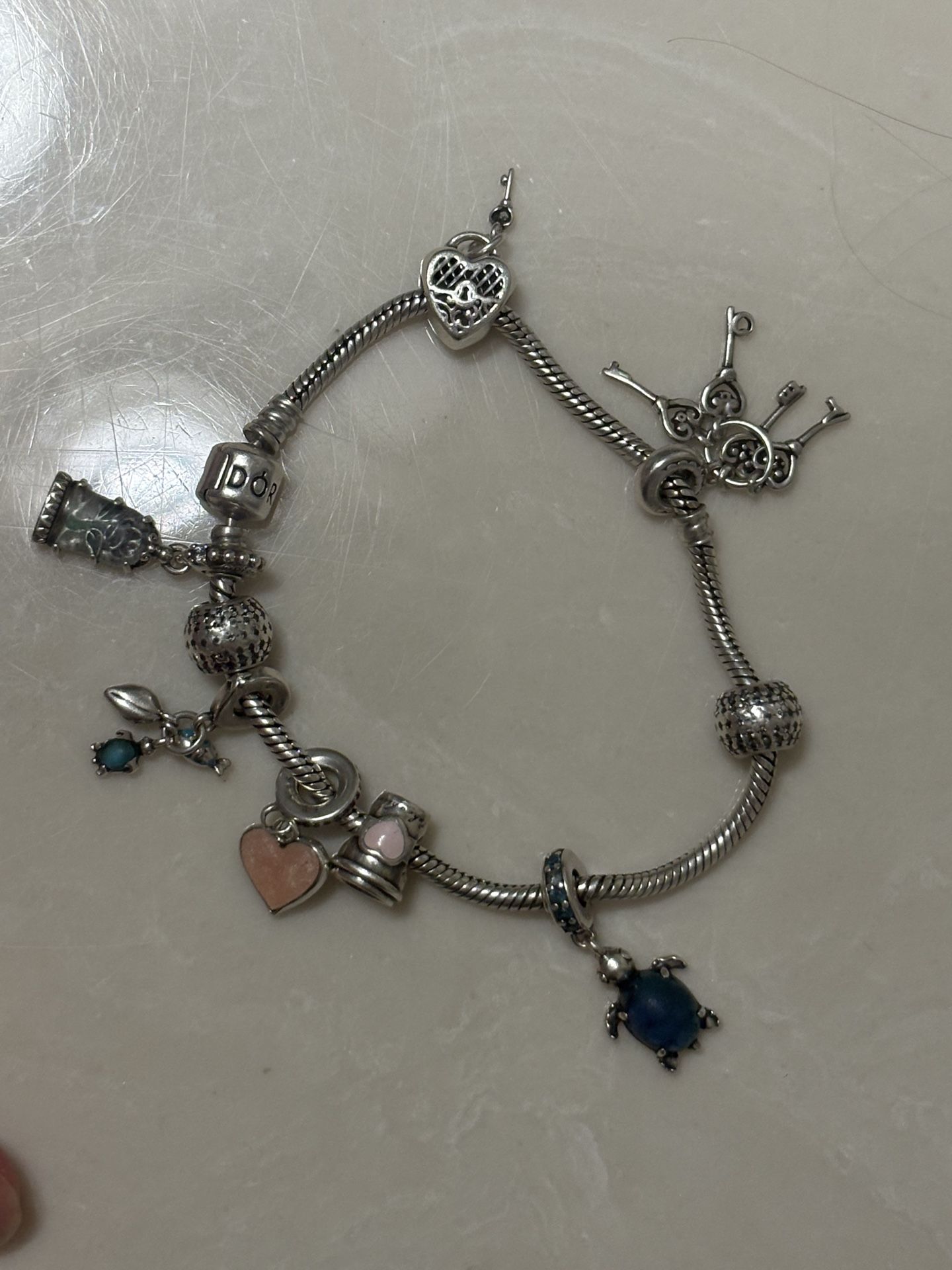 Pandora Silver Charm Bracelet OUT OF BOX w/ Heart, Turtle charm +9 more charms