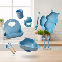 Baby Silicone Feeding Set - Suction Plate Bowl Bib Cup Utensils Teether Blue