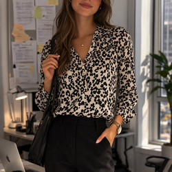 Details: • Brand: LOFT (Petite Collection) • Size: Petite Medium • Color: Ivory with black floral print • Style: Long sleeve blouse with button front 