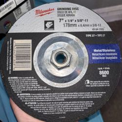 Milwaukee Type 27 Grinding Disc — 7” x 1/4” x 5/8”-11 (Model 49-94-7025), designed for metal and stainless steel.