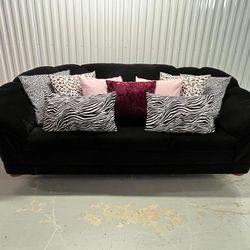  Black Velvet Sofa Vintage 90s Coral Back Like New! RARE GEM! Delivery Available.
