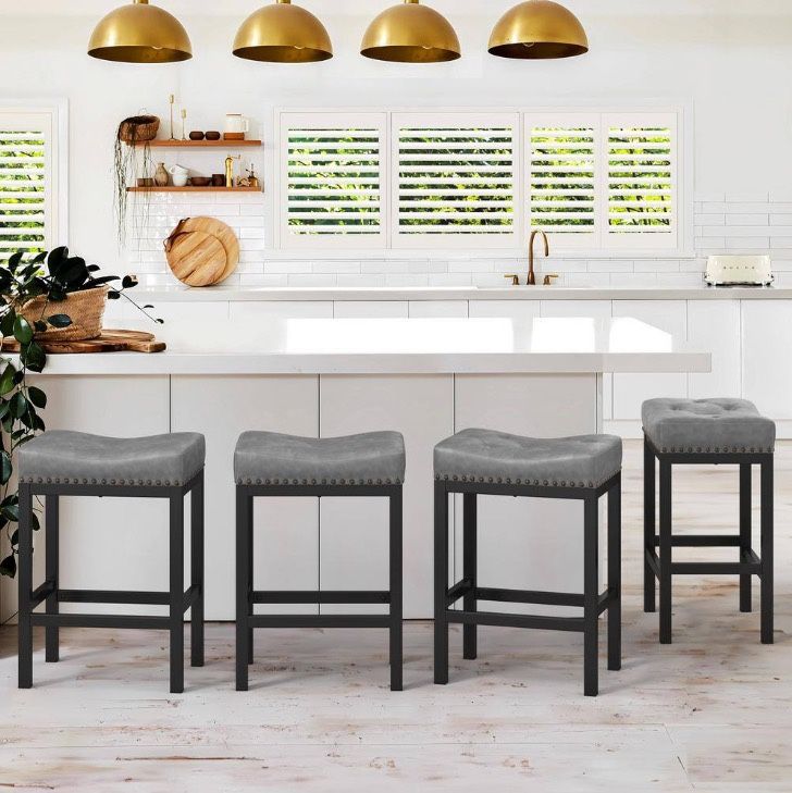  24 in. Dark Grey Counter Height Saddle Bar Stool Faux Leather Cushion Backless Bar Stool with Metal Legs (Set of 4)