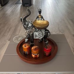 Round Wood Lazy Susan, 3 Candles & African Elephant