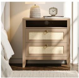 Set of Two Chargeable Nightstand with Rattan Drawers and Open Shelf