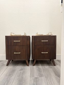 Deep Brown Fluted Wooden Nightstands with Two Drawers & Brass Pulls | Side Tables | End tables |NEW 