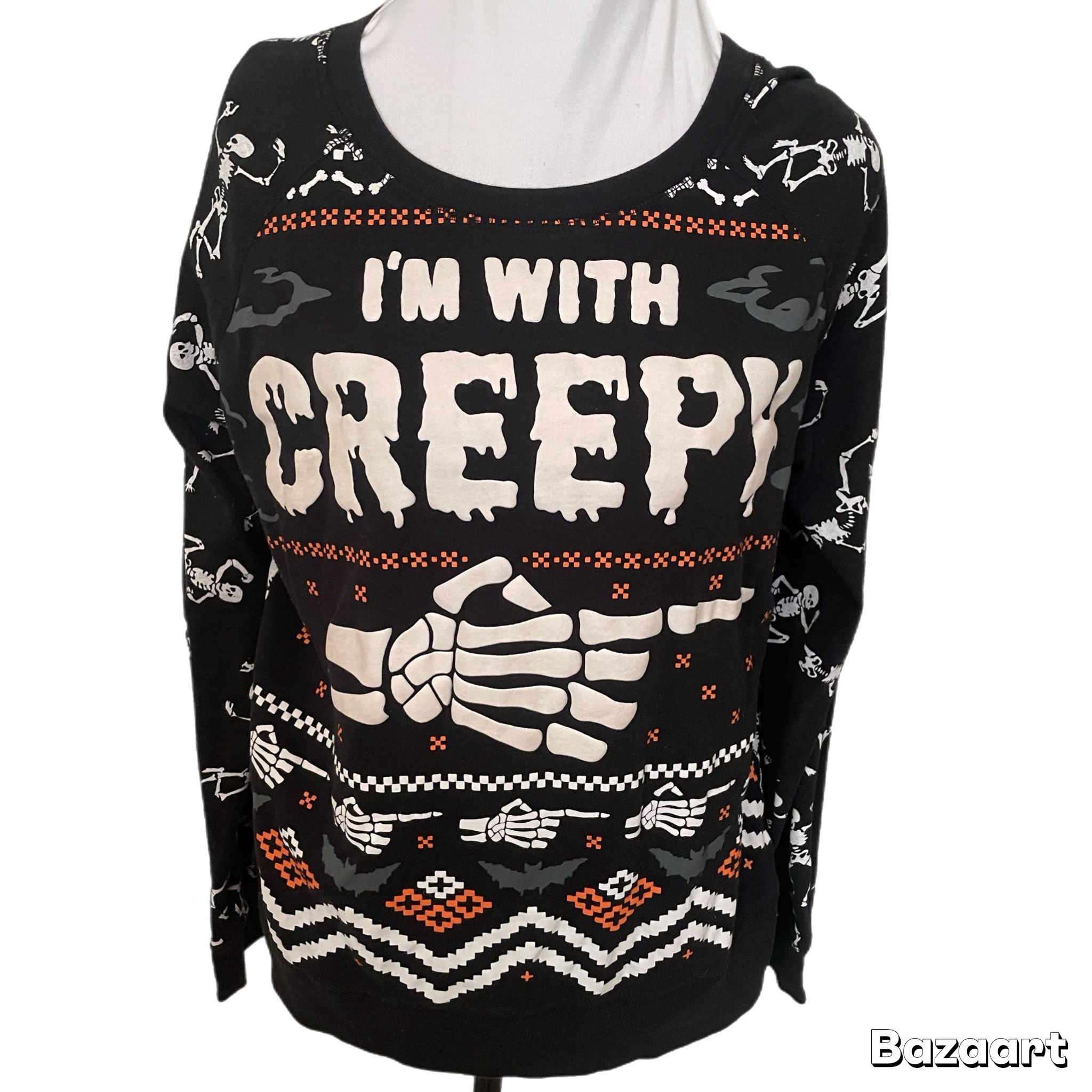 Halloween Black Skeleton “I’m With Creepy” Graphic Design Pullover Sweatshirt XL