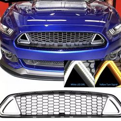 Fits 15-17 Ford Mustang Front Upper Mesh Grille Bumper Guards With LED Lights