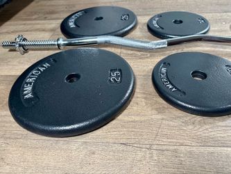 BRAND NEW: Standard Black Curl Bar with Cast Iron Weight Plates of 25s, 10s and 5 lbs. Total= 94 lbs