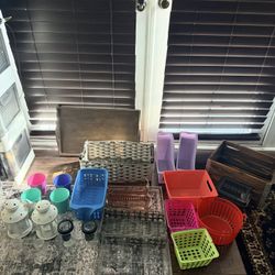Misc Storage Baskets, Plastic Storsge And Wood Items
