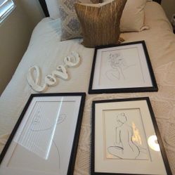 🖼 Set of 3 Minimalist Line Art Framed Prints + Decorative “Love