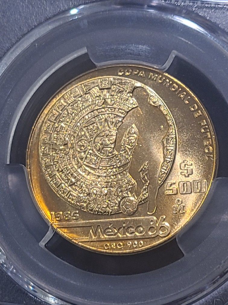 1985 Mexico Gold 500 Pesos World Cup Soccer Coin PCGS MS 68 Oro