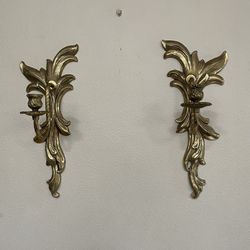 Vintage Pair Brass Baroque Wall Sconces Candle Holder 15”x6”