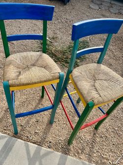 Vintage wooden barstools ~ straw seats