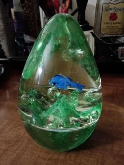 Green Art Glass Egg Paperweight with Blue Dragon