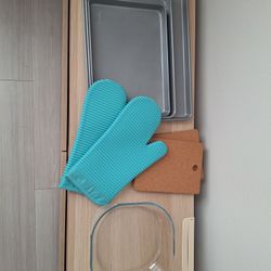Baking Set - 3-Piece baking pan set, Ikea FÖLJSAM glass baking dish, Ikea cork trivets, and KitchenAid silicone oven mitts