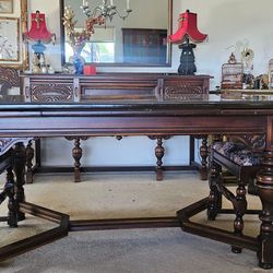 10 piece antique dining table with 2 leaves and glass top, buffet, hutch and sideboard