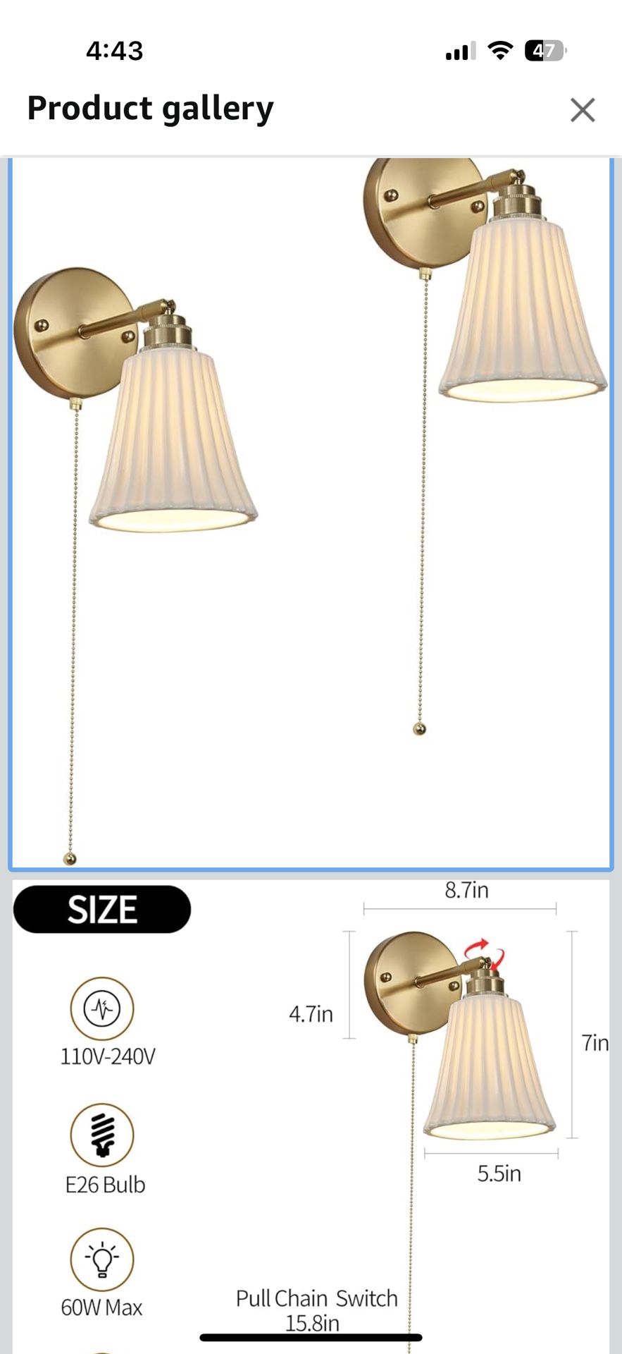 2 New Wall Sconces With Pull Chain Swivel
