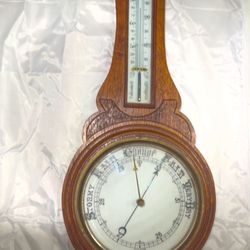 Rare Antique Victorian Carved Oak Aneroid Barometer, Working w/ Porcelain Dial 