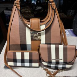 Brown Plaid Purse 3 Piece Set 