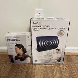 BRAND NEW HEATED OR COLD NECK & SHOULDER WRAP AND MASSAGING LUMBAR PILLOW.  WAS $80 (SEE PICS).  NOW $35 FOR BOTH 🤲🤲
