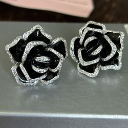 Vintage Black Rose Ear Rings - 925 Sterling Silver