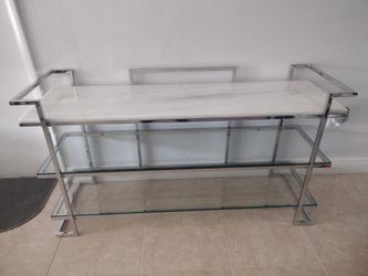 Bassett Mirror Console In Chrome/white Marble