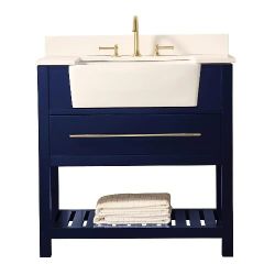 NEW IN BOX. Williamson 36x22x35.7 Bath Vanity in Navy Blue. White Quartz Vanity Top. White Basin.
