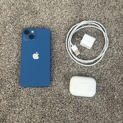 I phone 13 unlocked 128 gig with air pods and charger