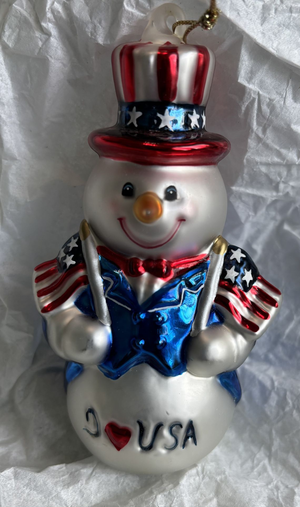 I Love USA Glass Snowman Ornament