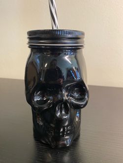 Black Skull Mason Jar Mug with Lid and Straw