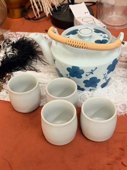 Blue Floral Ceramic Tea Set with Rattan Handle