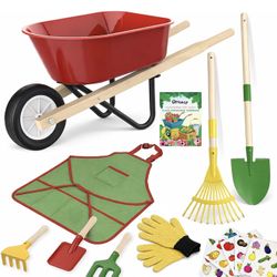 New Kids Gardening Wheelbarrow Set, Metal & Wooden Garden Tools for Kids Ages 3-8