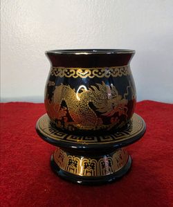 Vintage  Chinese Black & Gold Metal Buddha - Incense Burner with Dragon.