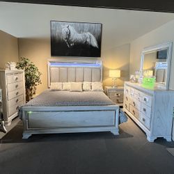 Grey King Bed, Dresser, Mirror And One Nightstand