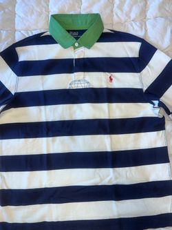 Polo by Ralph Lauren Navy and White Striped Rugby with Green Collar