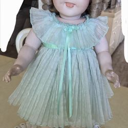 Hand Made Shirley Temple ceramic doll curls hair green dress with stand
