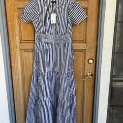 Quince Tiered Maxi Dress Poplin Hudson Stripe Pockets Organic Cotton  S Or XL