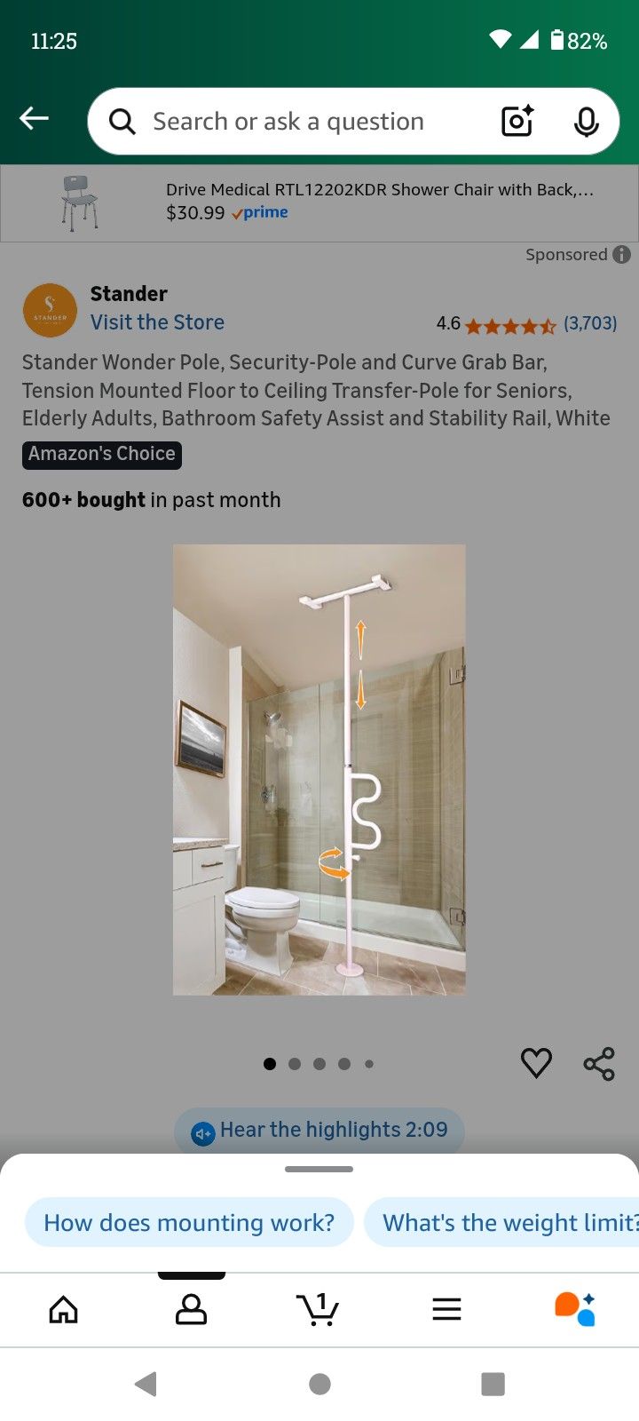 Shower Pole For Handicap Help With Getting In And Out