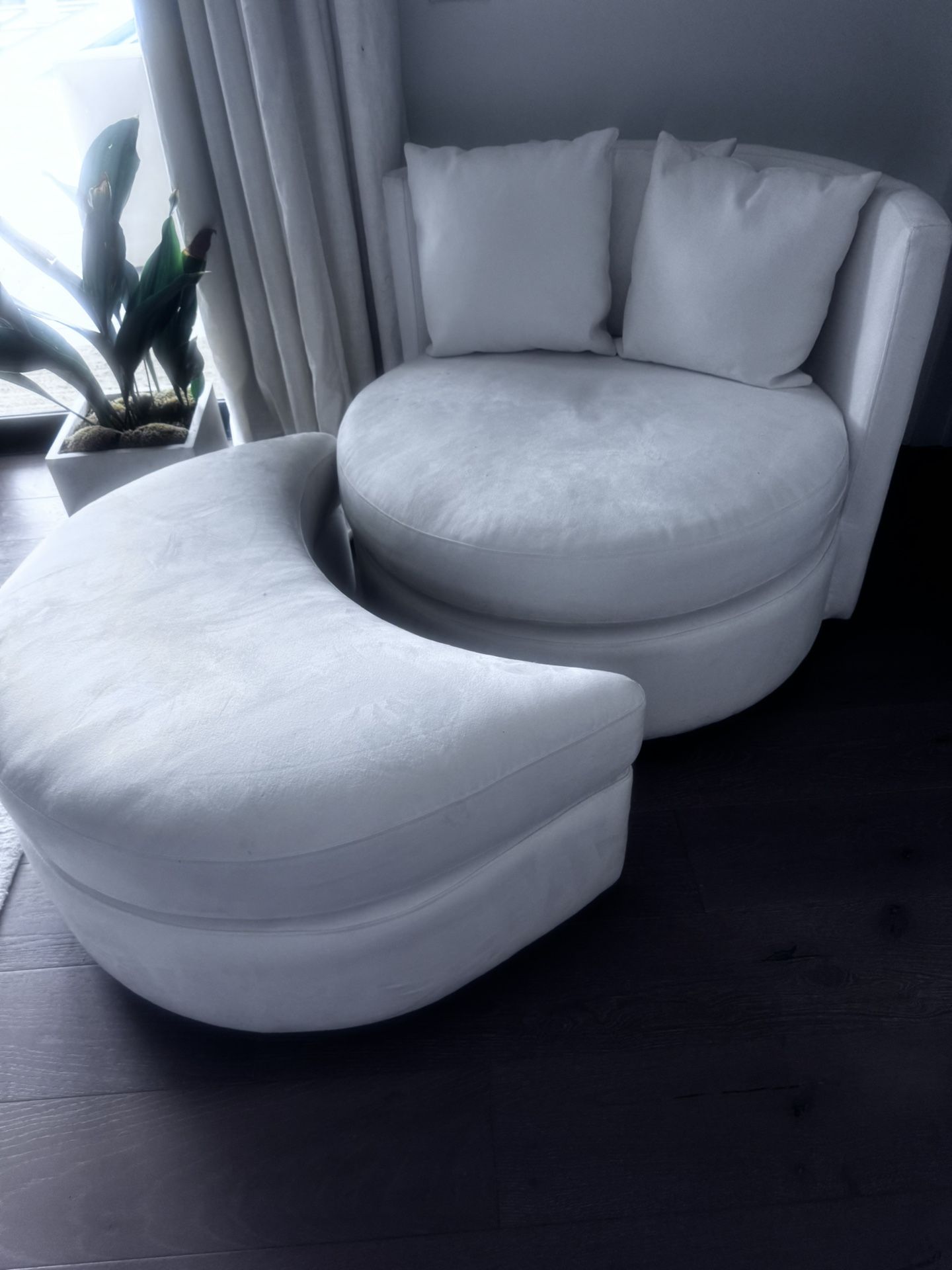 White Velvet Swivel Chair And Ottoman