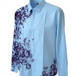 Men’s Light Blue Button-Up with Purple Filigree Graphic - Size (L)