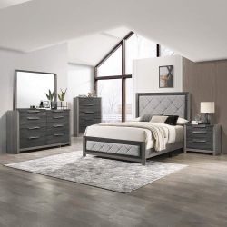 4 Pc  Bedroom Set   Dresser Mirror   E King Bed & Nightstand In Two Tone Gray Finish 