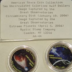 American Space Coin Collection featuring two uncirculated, colorized Kennedy half dollars from the Mystic Stamp Company. 
The collection includes two 