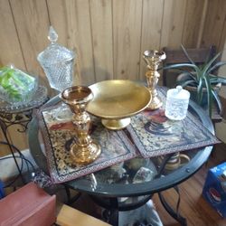 Glass Table With Candles Holders And Bowle