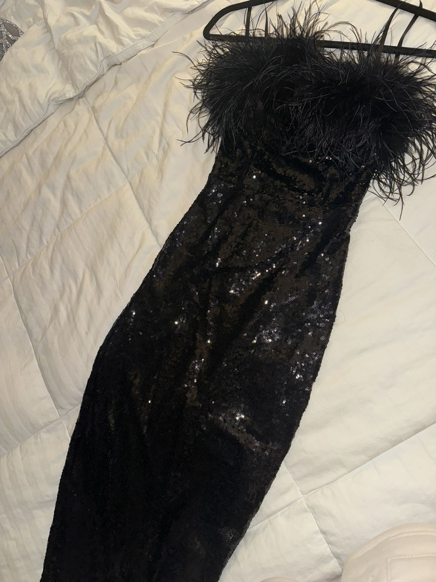 Black Sequin Feather Formal Evening Gown 