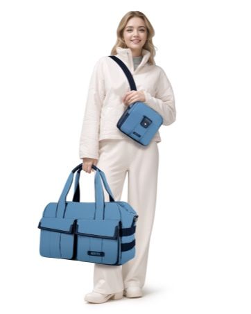 Travel Bag Leather Duffle Bags for Men with Compartment Canvas Carry On Sprots Duffel Bag,   Blue, 3 in 1