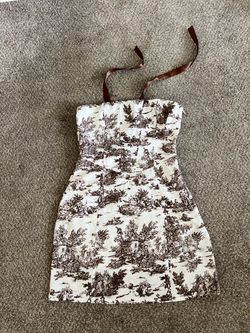 Cream & Brown Toile Print Strapless Corset Mini Dress