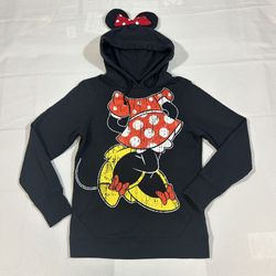 Disney Parks Adult M Minnie Mouse Pullover Hoodie Sweatshirt Fleece 3D Ear Polka Dots Bow