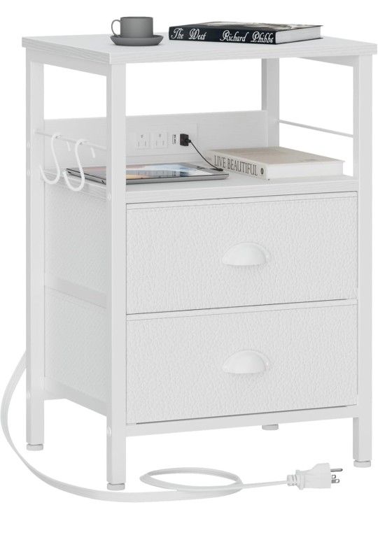 Furologee End Table with Charging Station, Nightstand with Fabric Drawers, Side Tables with USB Ports & Outlets, Night Stand with Storage Shelf & Hook