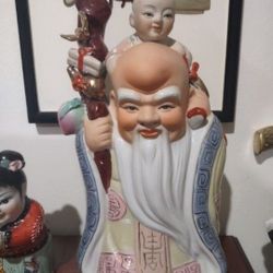 Vintage Chinese Shou Xing God of Longevity Porcelain Figurine 13" tall.